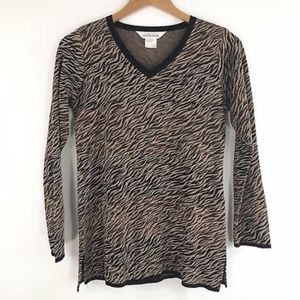 Misook Sweater Size XS V-Neck Brown Tan Print